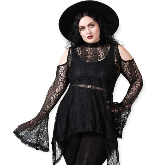 Black Lace Cold Shoulder Long Bell Sleeve Tunic Uneven Hem Mesh Top - NEW - Picture 1 of 4